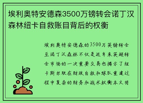 埃利奥特安德森3500万镑转会诺丁汉森林纽卡自救账目背后的权衡 埃利奥特安德森3500万镑转会诺丁汉森林纽卡自救账目背后的权衡
